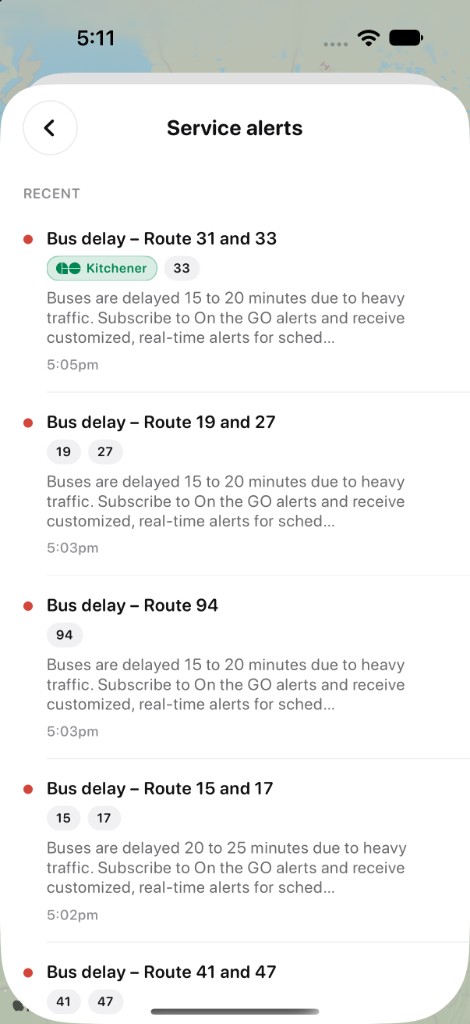 Light service alerts list for GO bus delays