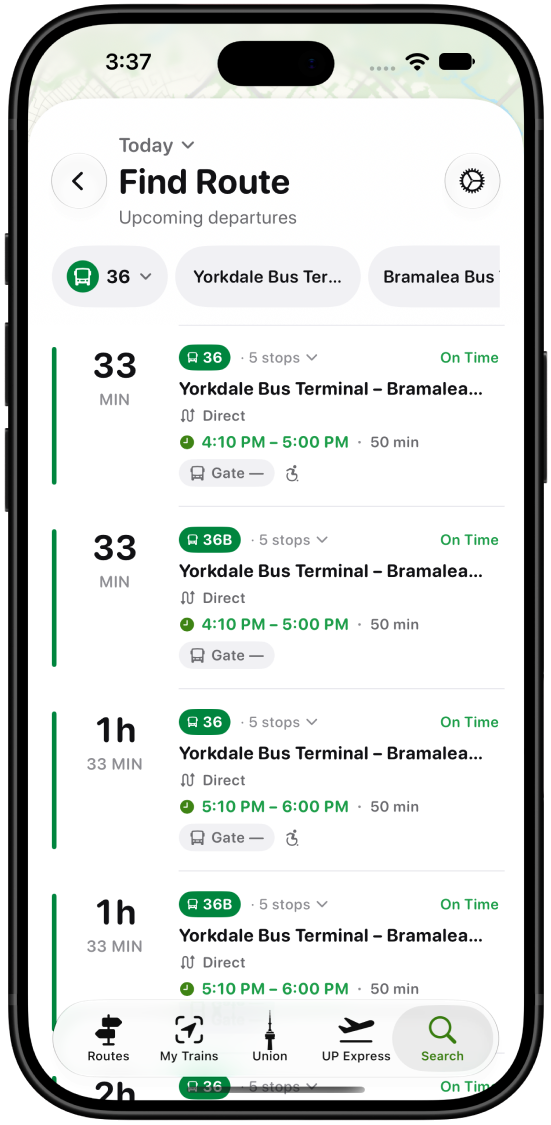 Find Route with upcoming GO bus departures