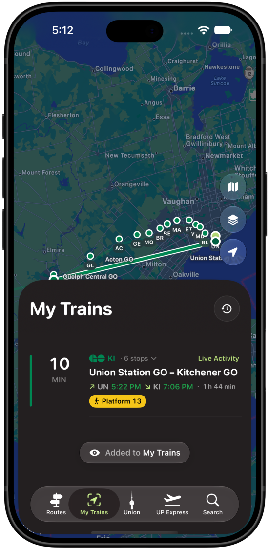 My Trains with a Live Activity tracked train, dark mode