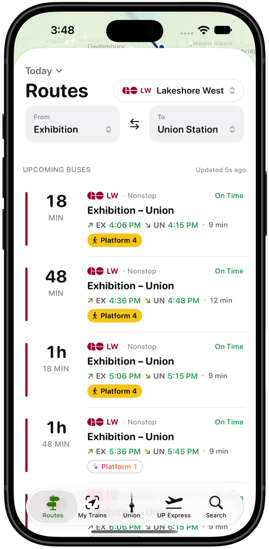 Lakeshore West Exhibition to Union route board