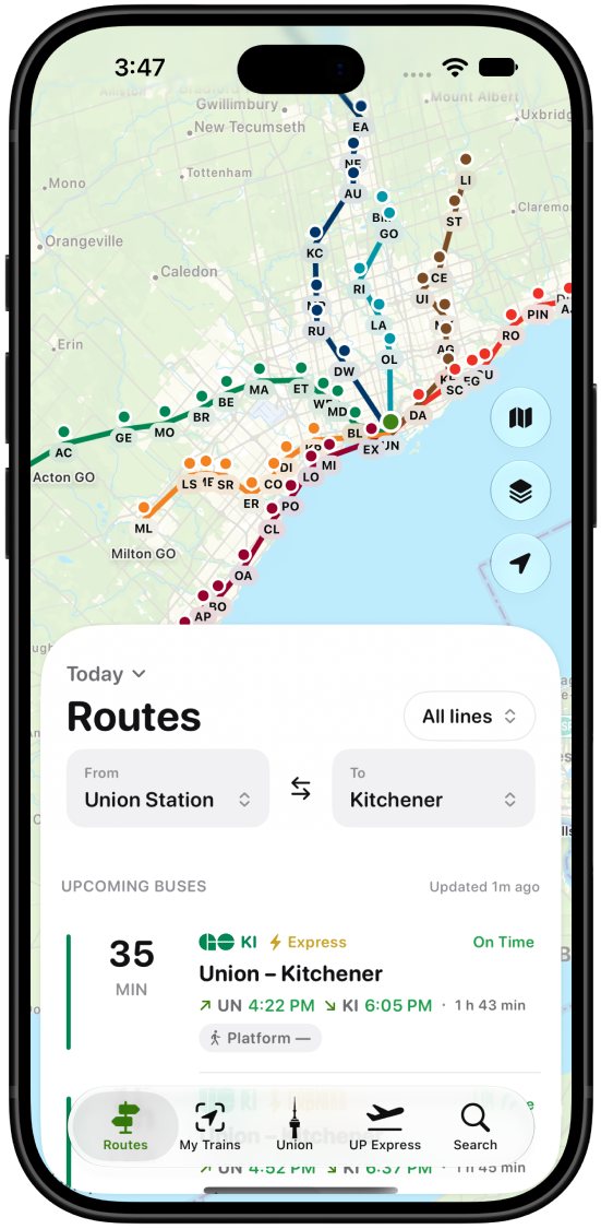 Union to Kitchener route over the GO network map