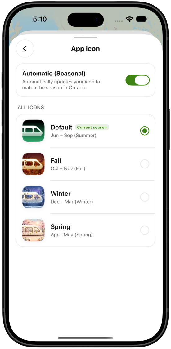 Seasonal app icon settings