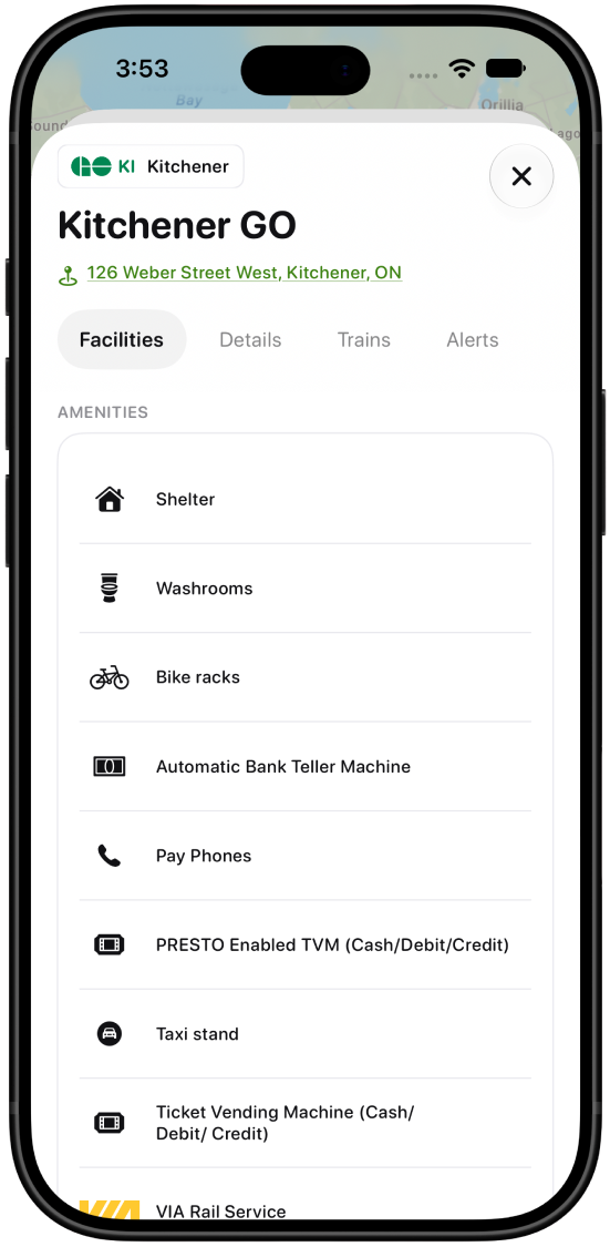Station detail page for Kitchener GO showing facilities