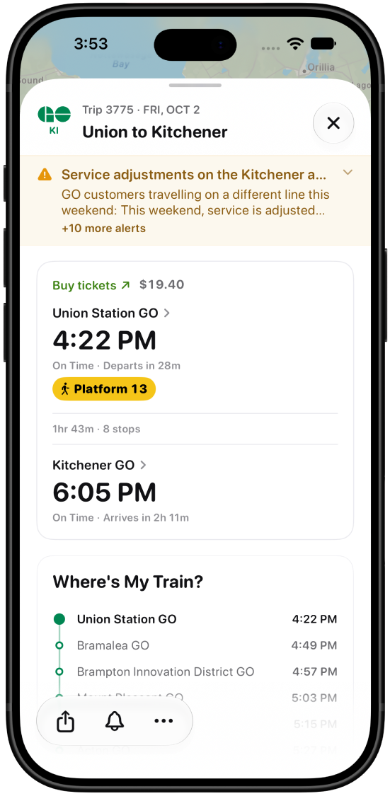 Trip detail sheet for Union to Kitchener with tickets and alerts