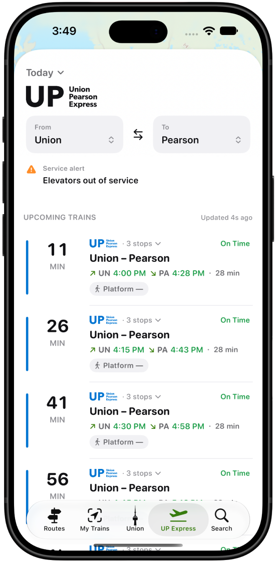 UP Express departures with a service alert