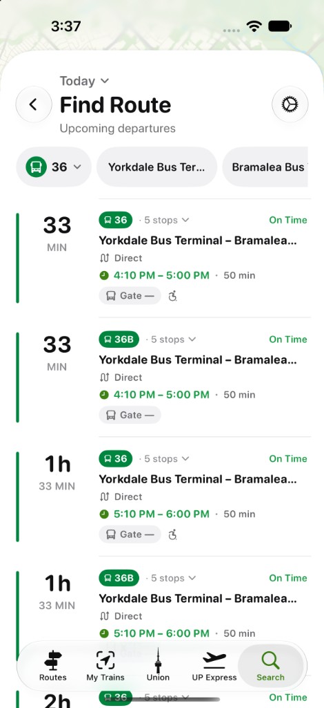 Find Route screen with upcoming GO bus departures
