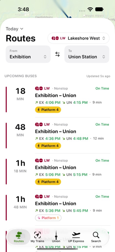 Lakeshore West route board in light mode