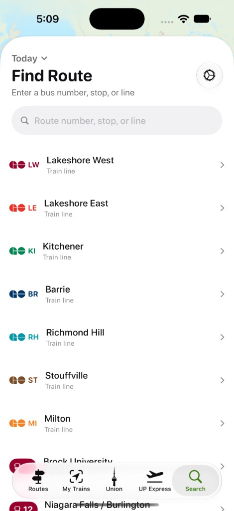 Line picker with GO train lines and bus routes