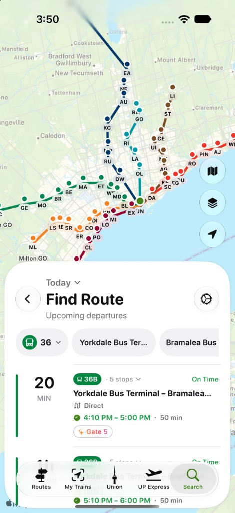 GO network map behind an upcoming bus departures sheet