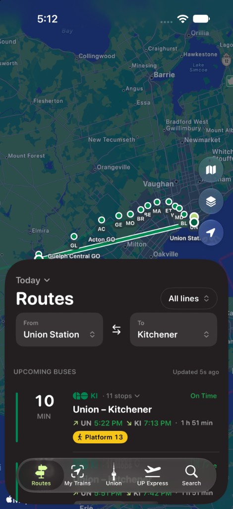 Dark network map with live Kitchener route departures