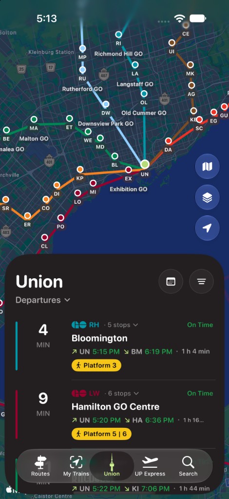 Dark Union departures board over the GO network map