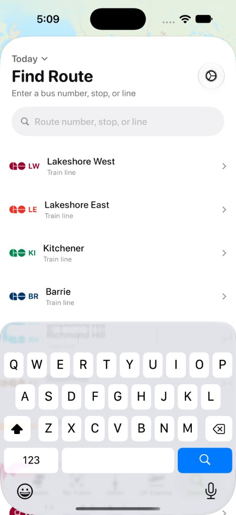 Search screen listing GO train lines