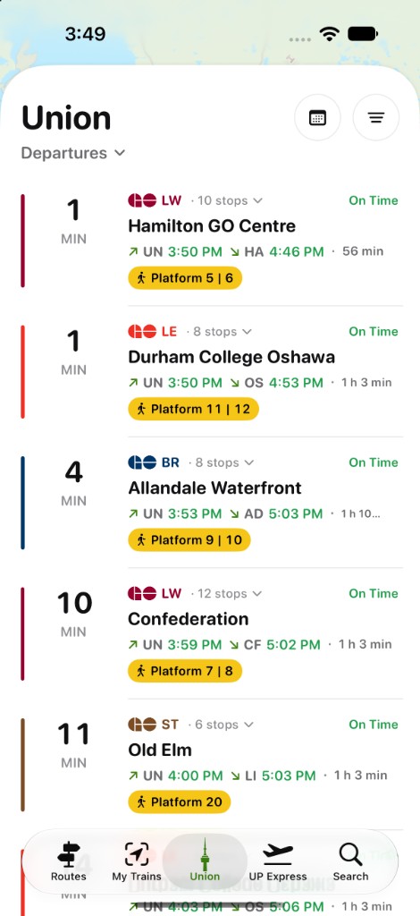Light Union Station departures board with platform numbers